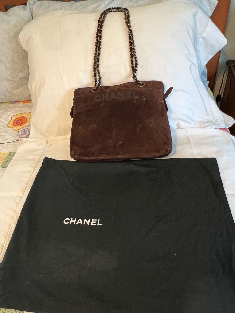 CHANEL Brown Suede Chain-Handle Shoulder Bag with Gold-Tone Chain